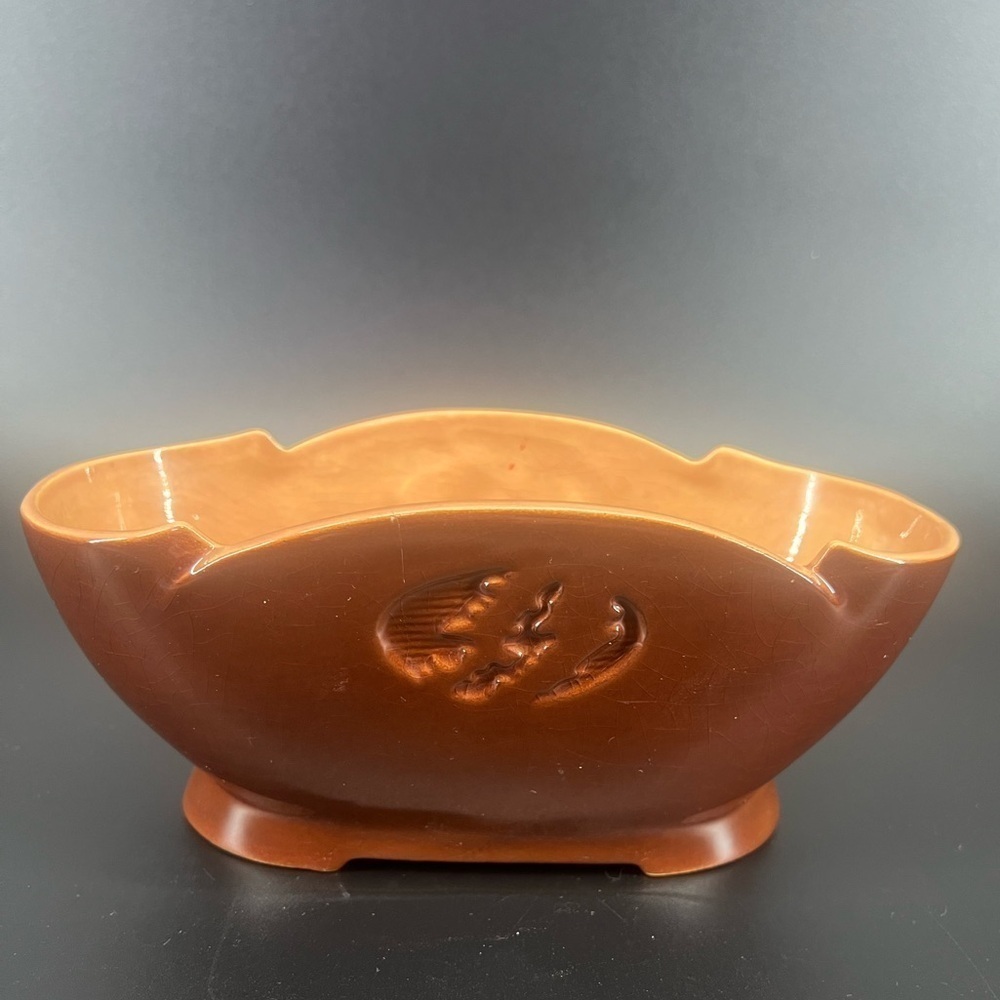 Roseville USA pottery brown Mayfair planter vase leaf emblem on front stamped